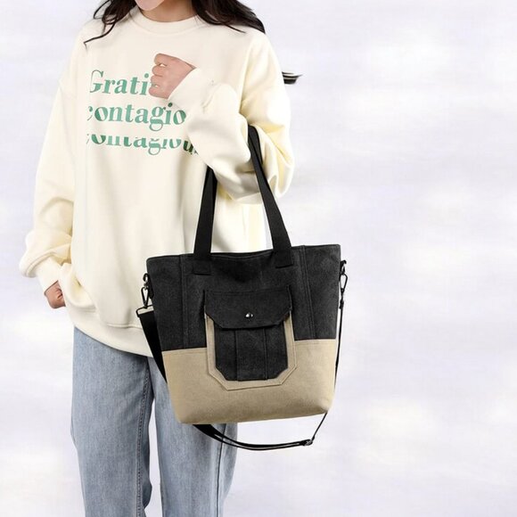 Canvas Tote Bag for Women Small Handbag with Zipper Shoulder - Black - Picture 1 of 9